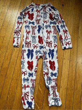 Kids Zipper Footie Pajamas with Red & Blue Bows - White 18-24m